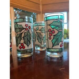 Set of 6 - West Virginia Holly Berry Stained Glass 12oz